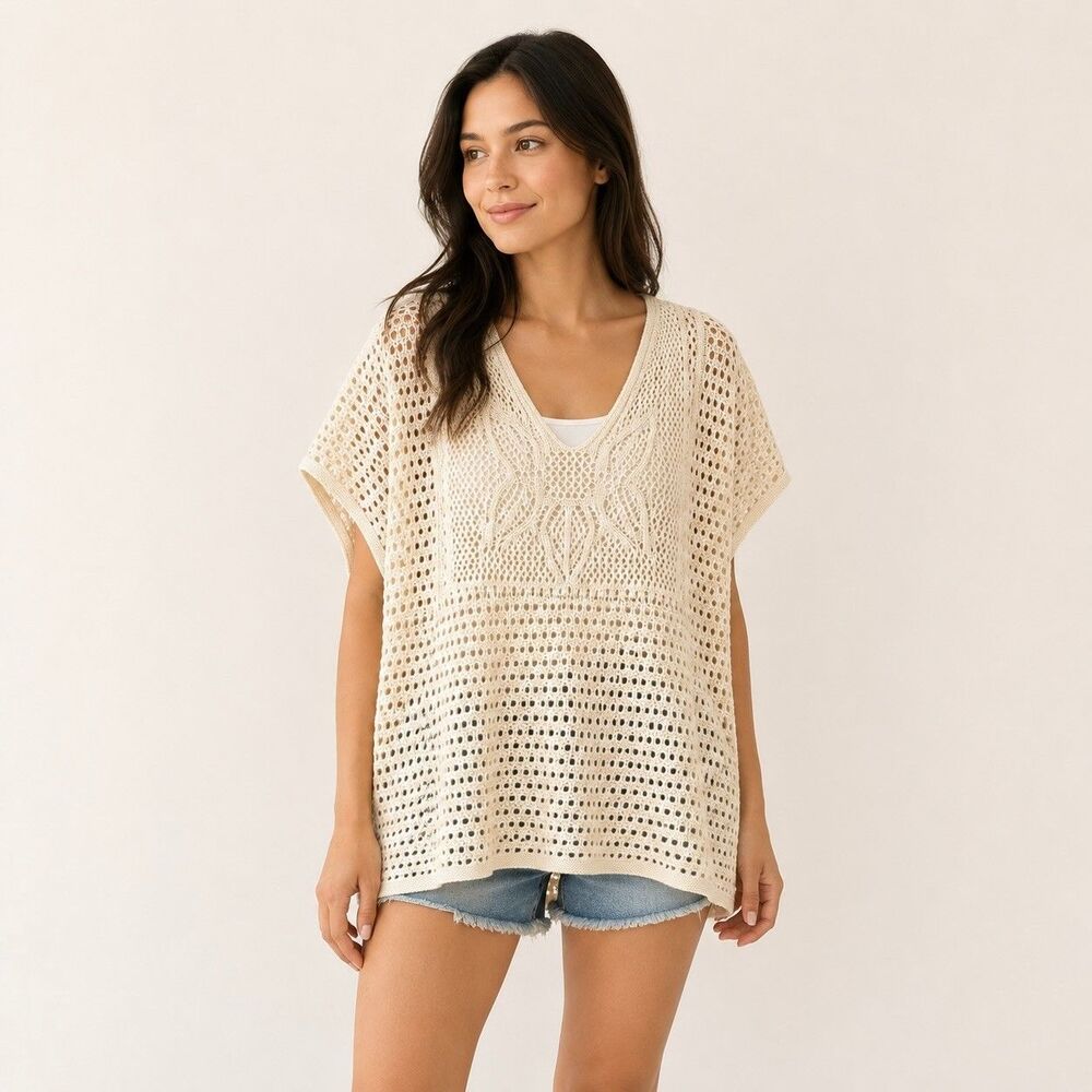 Jeanne Pierre Ivory Crochet Poncho V Neck Tunic Top Relaxed S Swim Cover Boho